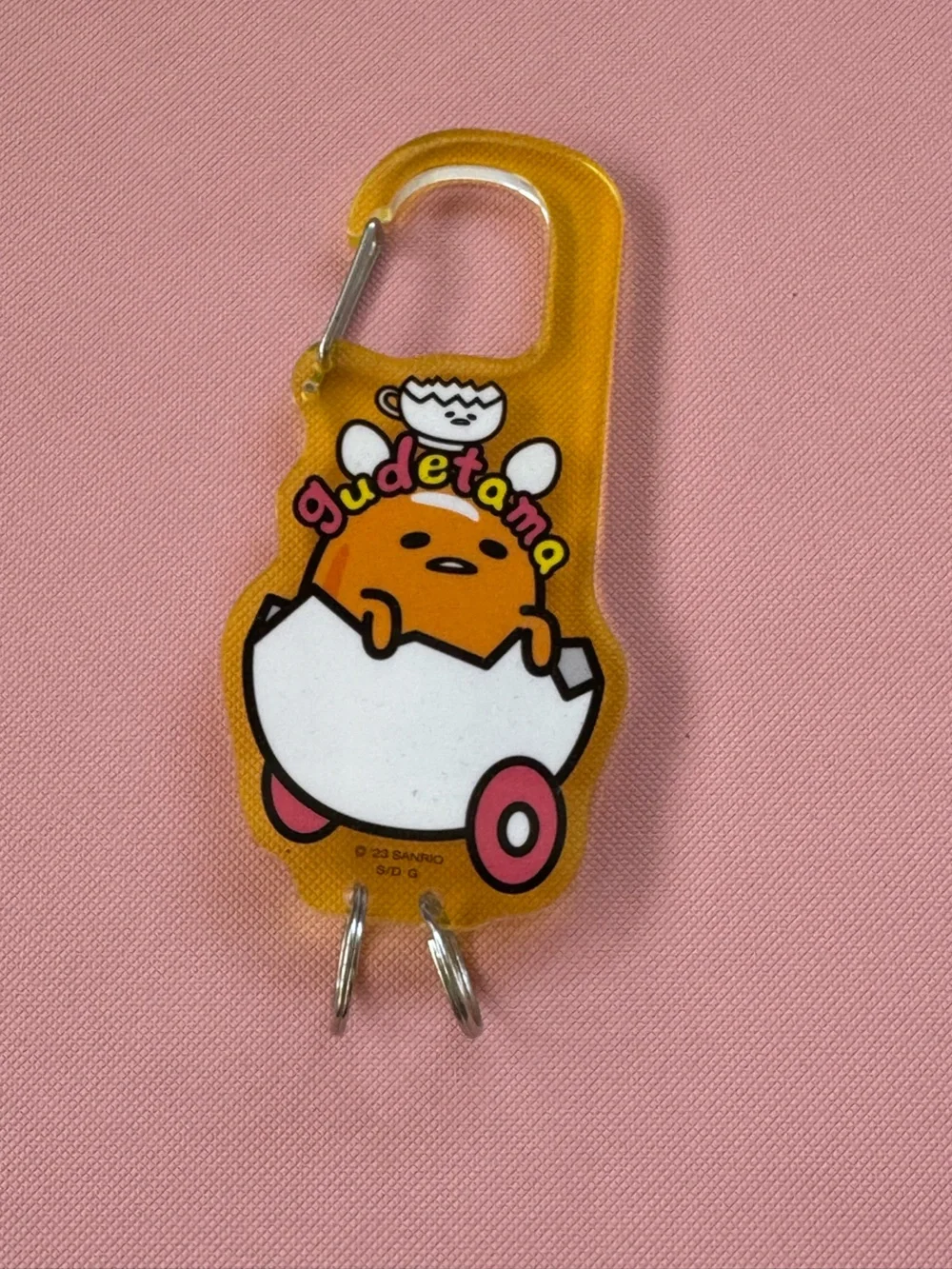 Sanrio Gudetama Lazy Egg Yellow Pink White Keychain with Carabiner Like New